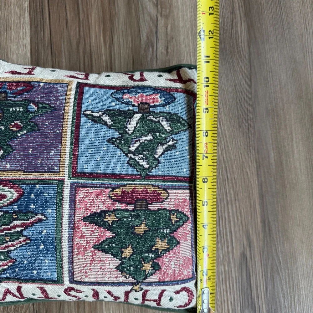 Vintage Christmas Trees Woven Tapestry Throw Pillow Green Holiday Decor 10.5in